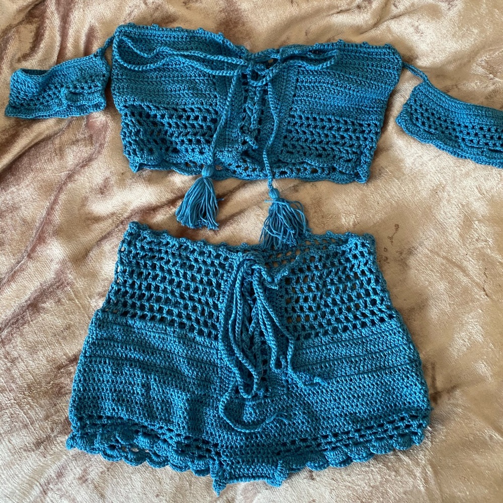 Crochet beachwear/tanking set turquoise